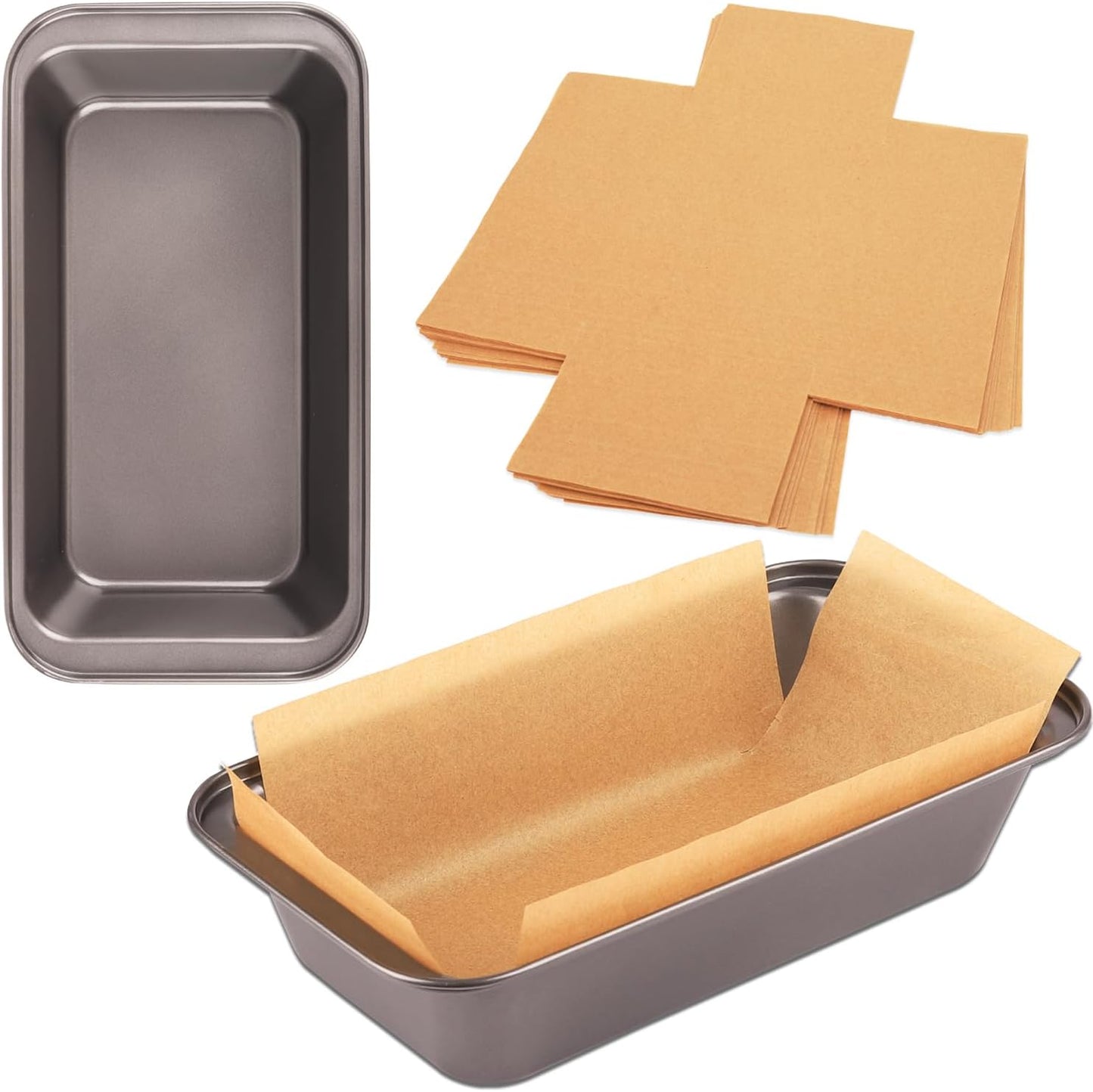 Skiennix Nonstick Loaf Pan Set - 9 x 5 Inch Carbon Steel Bakeware with 100 Parchment Liners | Gray