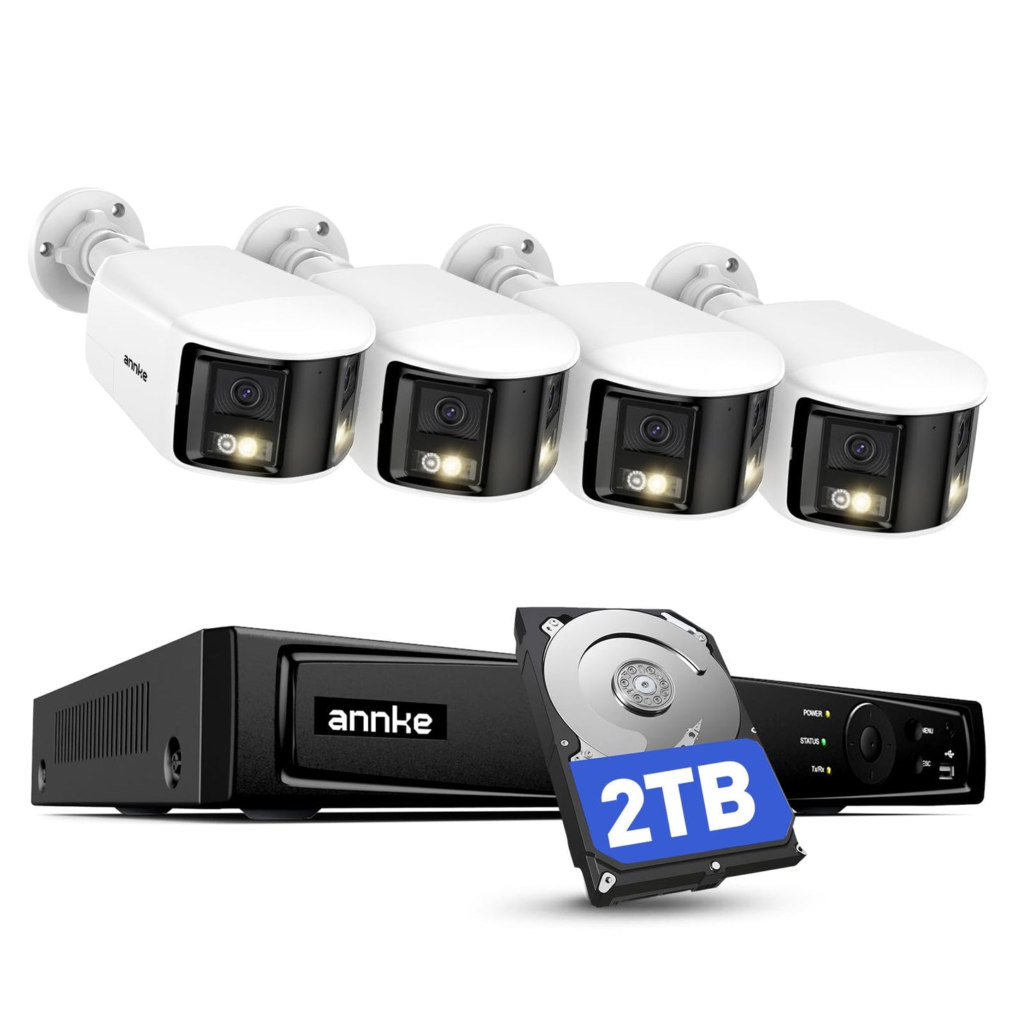 ANNKE 4K PoE Security Camera System with Dual Lens, 180°Panoramic View, 12MP H.265+ NVR with 2TB HDD, 4pcs 8MP Wired IP Outdoor Cameras, Smart Human/Vehicle Detection, 2-Way Audio, Light & Sound Alarm