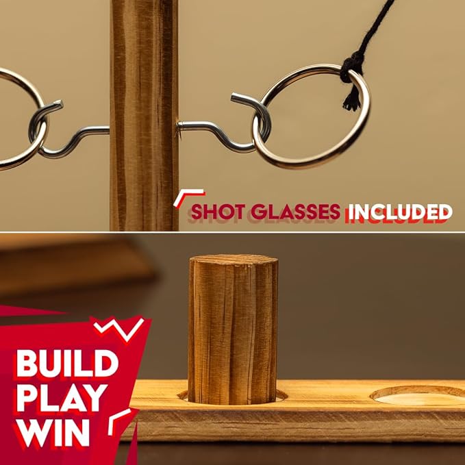 Premium Wooden Swing Ring Hook Game Set with Shot Glasses – Indoor/Outdoor Fun for Adults, Kids, and Family Parties