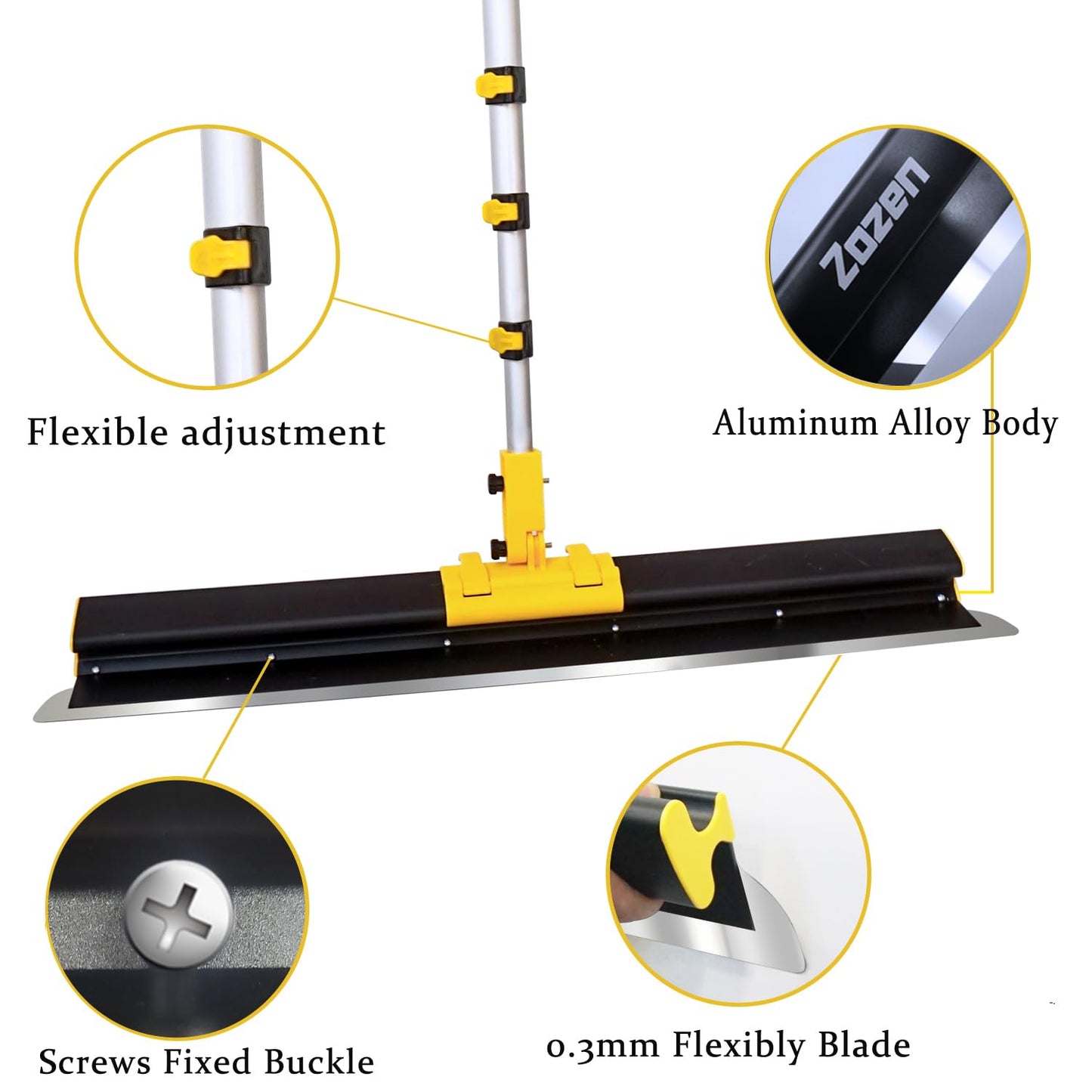 Zozen Drywall Skimming Blade with Extension Handle Set, All Body made of Aluminum Alloy, 10"+24"+32" Skimming Blade + Adjustable Length Extension Rod + Adjustable Angle Holder