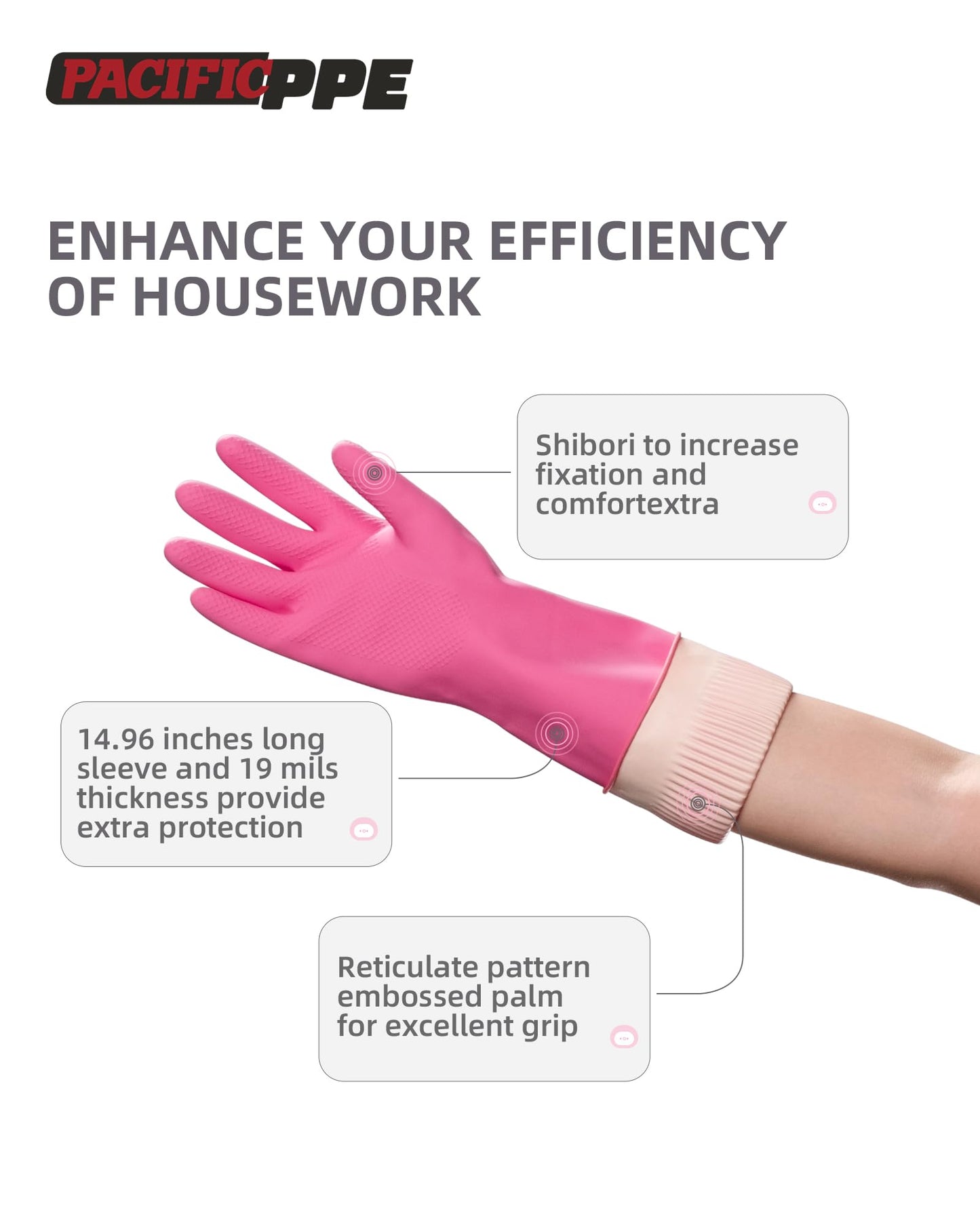PACIFIC 2 Pairs Reusable Rubber Gloves for Washing Dishes and Cleaning Tasks, Water Resistant Household Gloves for Kitchen Bathroom, Grippy Latex Dish Washing, Pink, Small