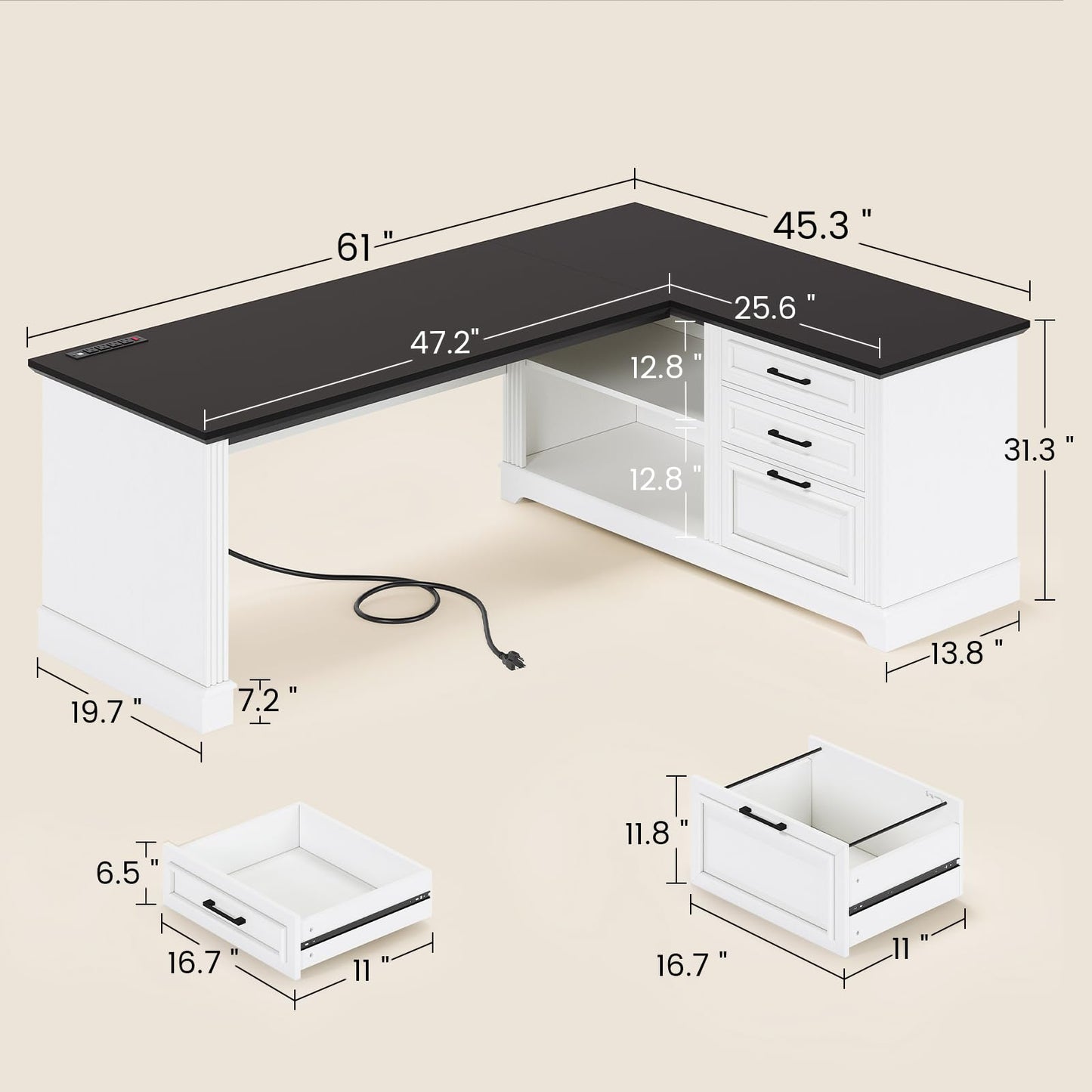 SEDETA Farmhouse 61" Executive L Shaped Desk, Home Office Desk with File Drawers, Computer Desk with Power Outlets and Storage Shelves for Home Office, White