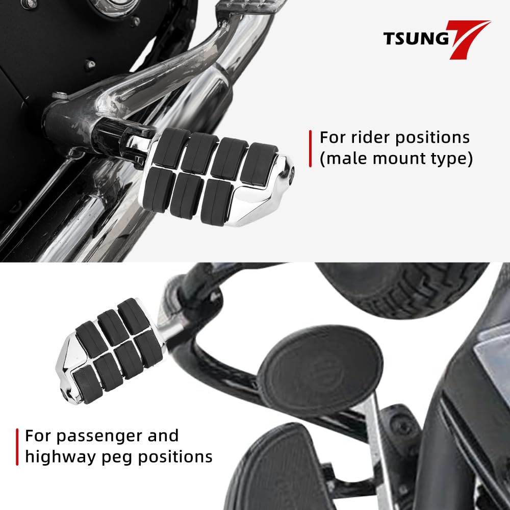TSUNG Motorcycle Foot Pegs – Male Mount Rider/Passenger Footrests, Wide Higway Foot Rest Pedal Fit for Most V-Twin, Cruiser & Touring Motorcycles (Chrome)