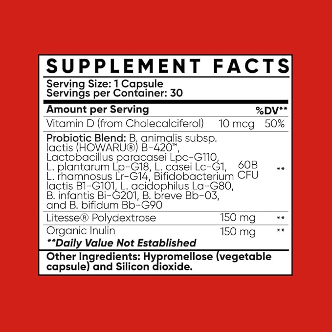 Probiotic Fit for Men & Women, Bifidobacterium Lactis B-420, Digestive & Gut Health, 60 Billion CFU, Prebiotic + Vitamin D3, 30 Cnt