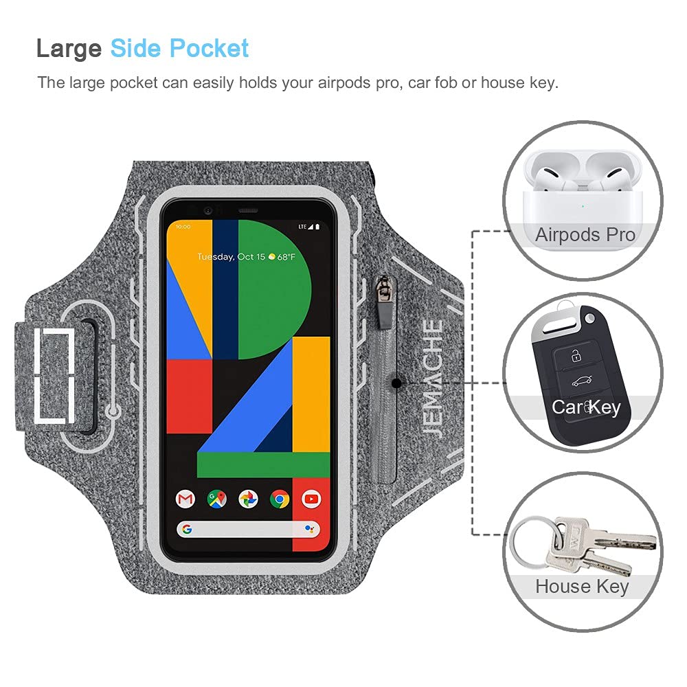 Pixel 10 9 Pro XL Armband, JEMACHE Gym Running Workouts Phone Arm Band for Google Pixel 10/9 Pro XL, 8/7/6 Pro with Earbuds Holder (Grey)