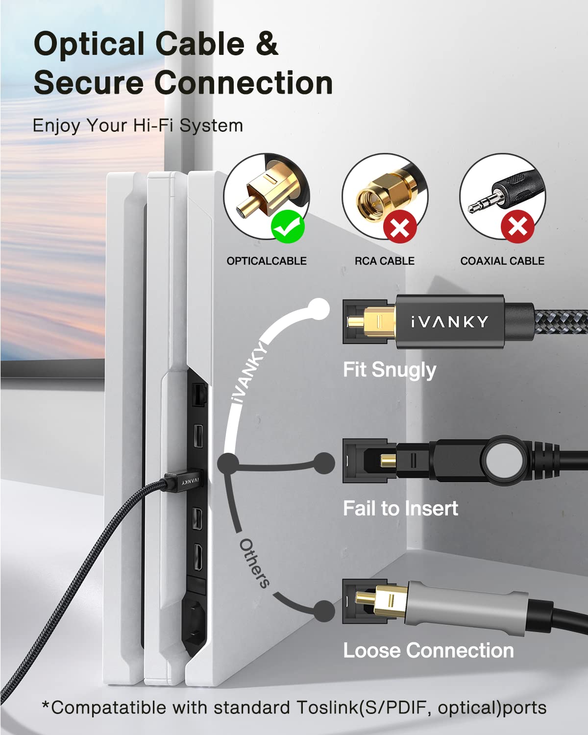 3.3ft/1M, 24K CL3 PS4, IVANKY Optical Audio Cable Nylon Braided, Gold-Plated, Slim Metal Case, Rated, S/PDIF Digital