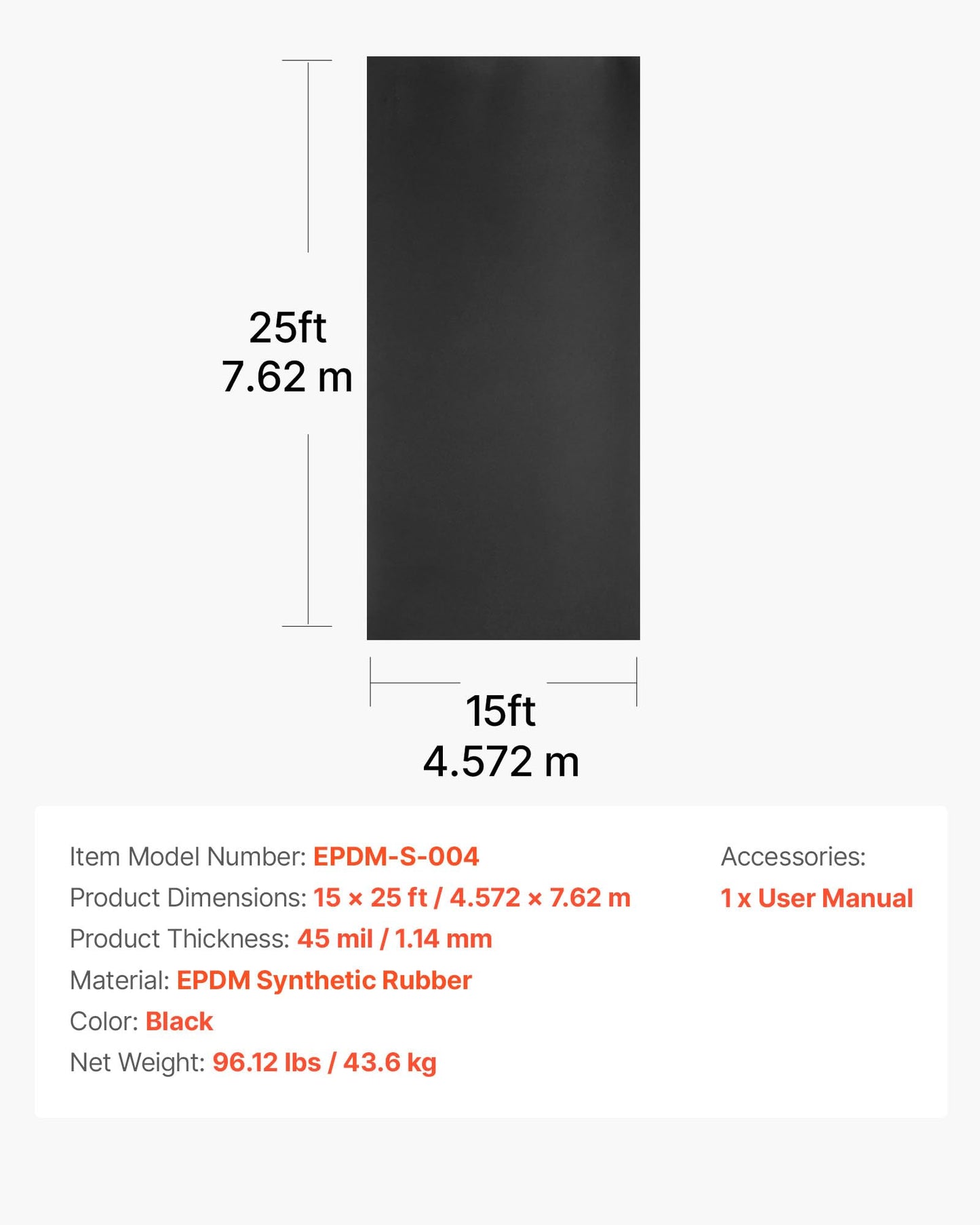 VEVOR Roll Roofing, 15 x 25 ft, 45 mil EPDM Rubber Roofing, Long Lifespan & Weather-Resistant, Withstands Harsh Temperatures, Flexible & Easy Installation, Roof Underlayment for RVs, Roofs, Ponds