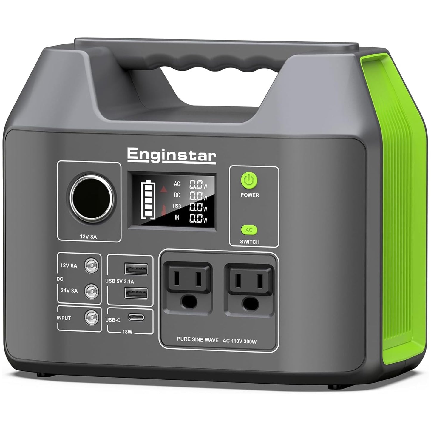 EnginStar Solar Generator, 300W Portable Power Station, 296Wh Lithium Battery Backup w/Two 110V Pure Sine Wave AC Outlet for Camping Road Trip RV, 80000mAh Sufficient Power Supply for Blackout