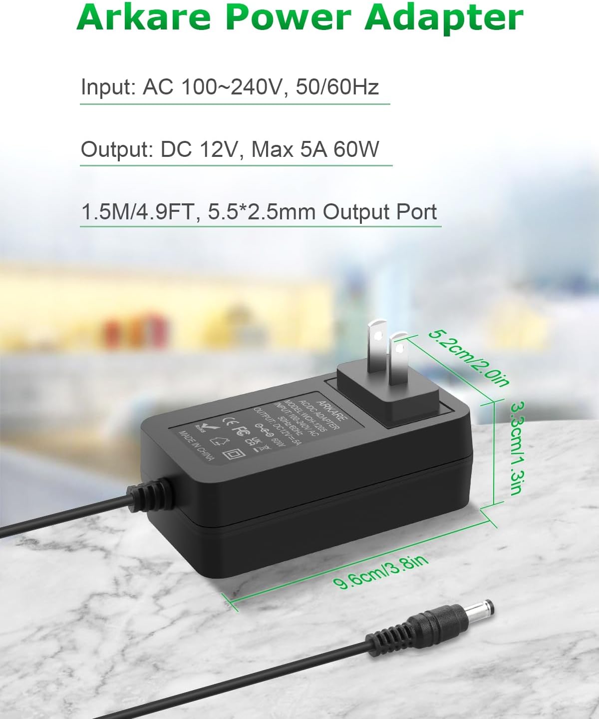 Arkare 12V 5A 60W 100-240V 12V 5Amp 4A 3A 2A 1A 5.5x2.5mm 3D 10TIPS 4.9FT Power Supply Adapter AC to DC Power Cord