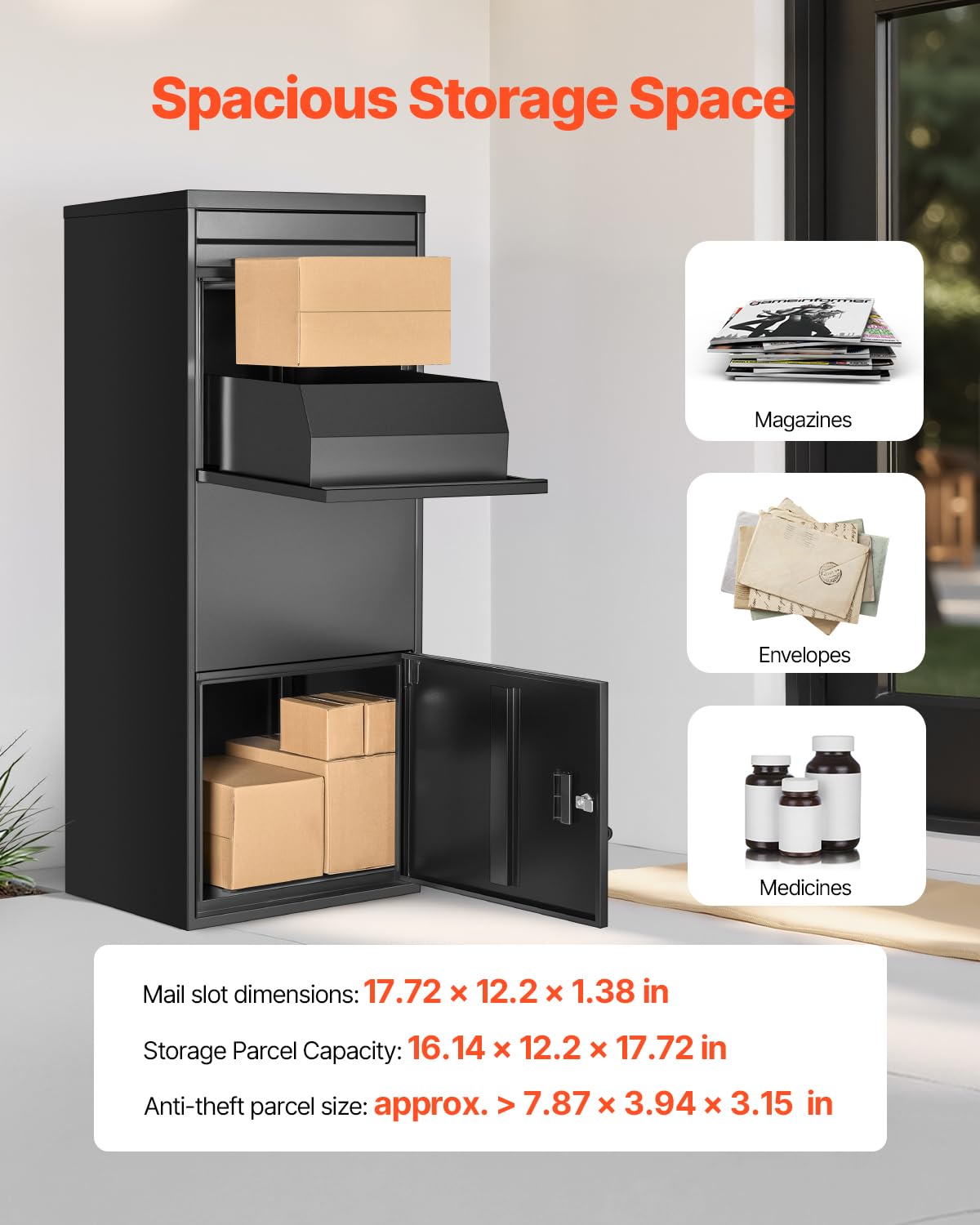 VEVOR Package Delivery Boxes for Outside, 47.2 in Mailbox for Parcel with Lock, Galvanized Steel Package Drop Box with Anti-Theft Design, Weather-Resistant Package Mailbox for Home and Office, Black