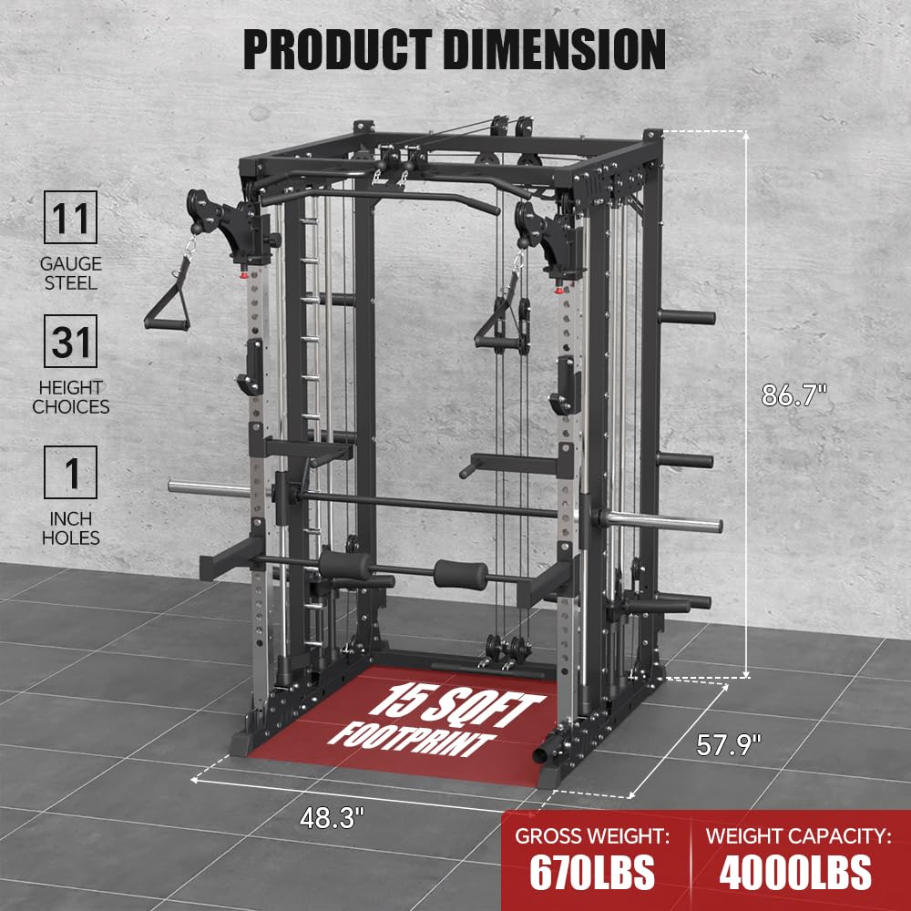 FAGUS H Commercial Smith Machine with Weight Bench Combo, 4000LB Power Cage Squat Rack with Lever Arm, Leg Press, Multi-Function Linear Bearing Cable Crossover Machine for Home Gym, Black