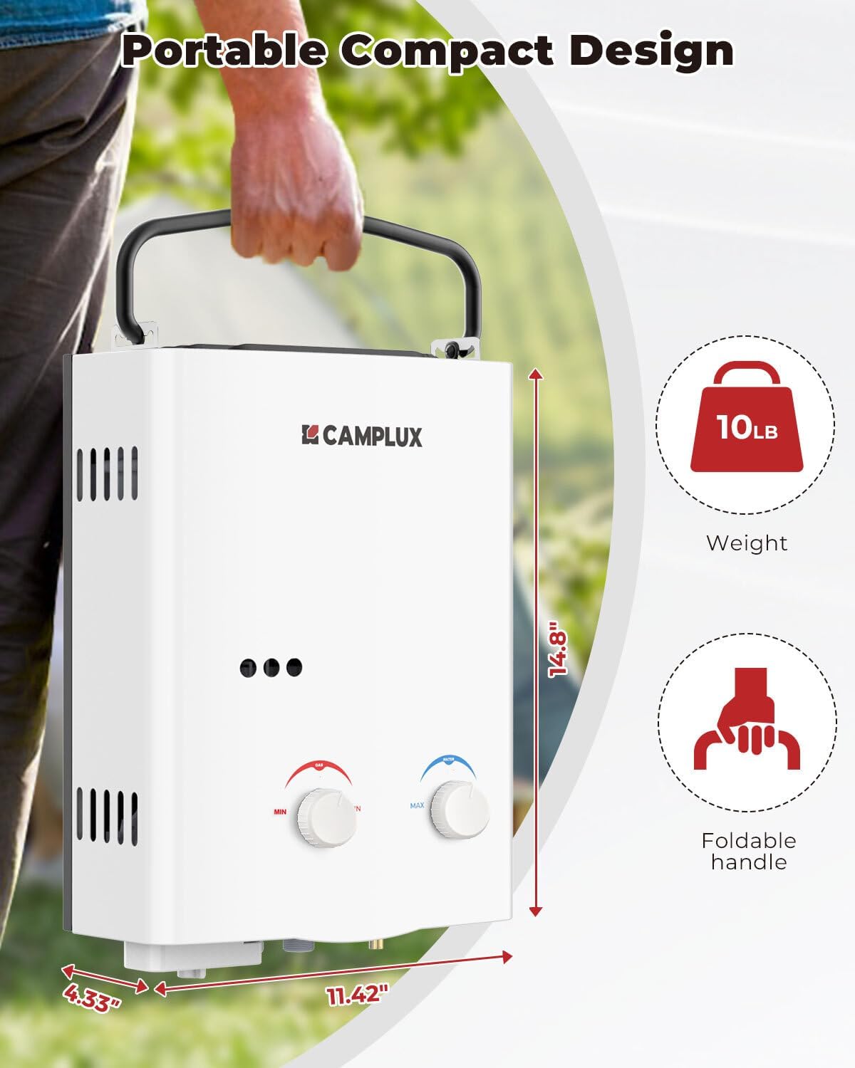 CAMPLUX 5L Portable Tankless Water Heater, 1.32 GPM Outdoor Propane Shower for Camping, RV, Off-Grid, Instant Hot Water with Folding Handle, Overheat Protection, Low Pressure Startup, AY132, White