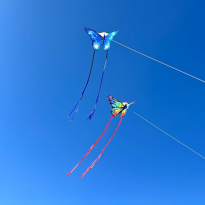 Simxkai Butterfly Kite for Kids & Adults, Easy to Fly Blue Big Kite for Beginners, Line Handle Included (1Pack 2Pack)