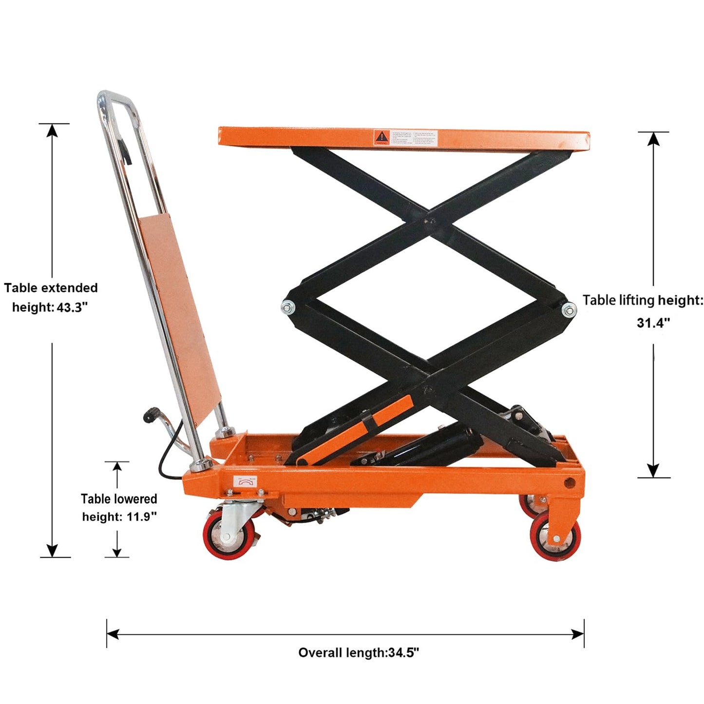 APOLLOLIFT Hydraulic Lift Table, 330lbs Capacity 43.3" Lifting Height, Double Scissor Lift Table Cart, 4 Wheels Lift Truck with Protective Baffle for Material Handling and Transportation(Orange)