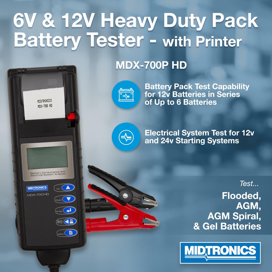 Midtronics - 6V & 12V Heavy-Duty Battery & Electrical System Analyzer w/Printer-MDX 700P HD - Heavy-Pack Testing for 12V to 24V Fleet Applications