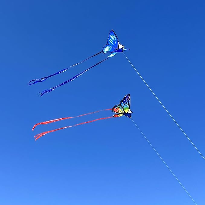 Simxkai Butterfly Kite for Kids & Adults, Easy to Fly Blue Big Kite for Beginners, Line Handle Included (1Pack 2Pack)