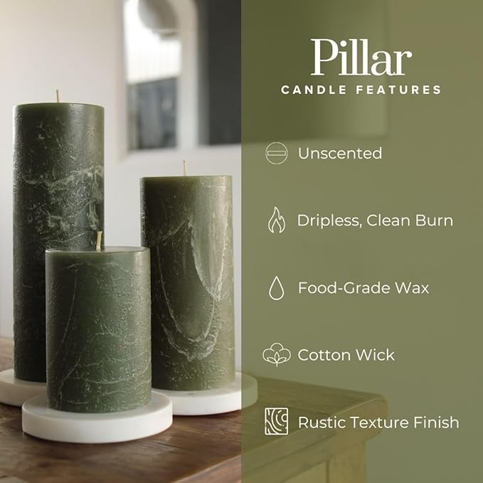 Simply Soson 3x3 inch Dark Moss Green Pillar Candles Set of 3, Rustic Texture, Unscented Green Candles, Dripless Candles, 3 inch Pillar Candles for Wedding Parties Spas Dinner Home Decoration Church