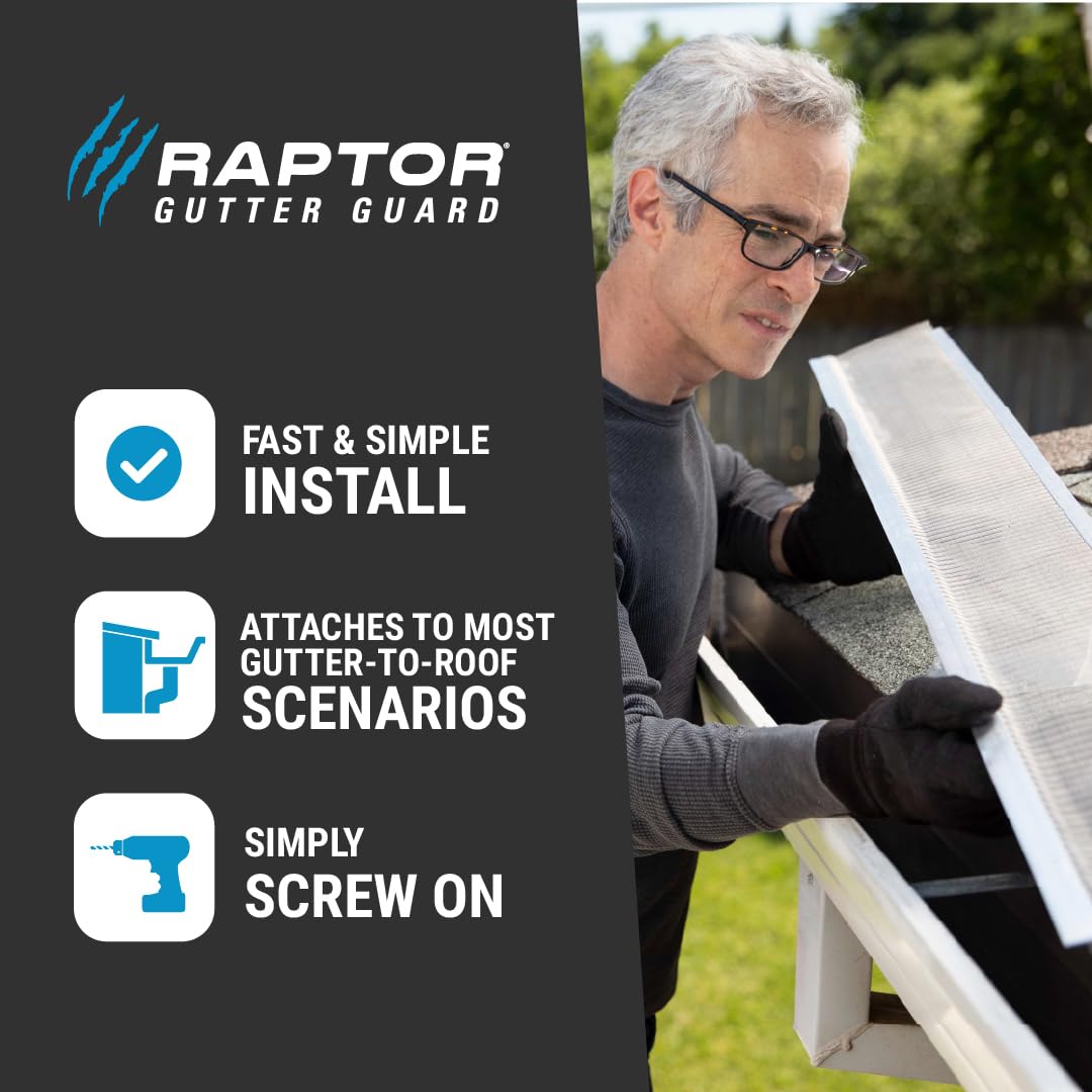 RAPTOR GUTTER GUARD – 48 FT. (Nominal) Contractor Grade Stainless Steel Micro-Mesh Gutter Guard Kit with Screws Included. Fits 5 in. Gutters and Smaller. DIY-Friendly. (5.625 in. x 47.625 in.)
