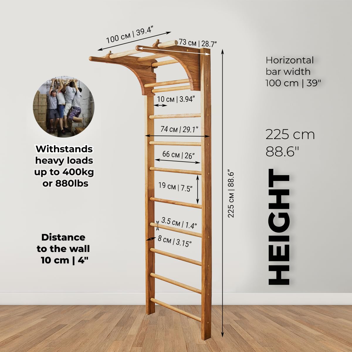 Swedish Ladder Wall Stall Bars for Kids and Adults, made of Solid Beech Wood, Withstands Loads up to 880 lbs, with Removable Pull-Up Bar, Dip Bar, Gymnastics and Exercise Indore Gym