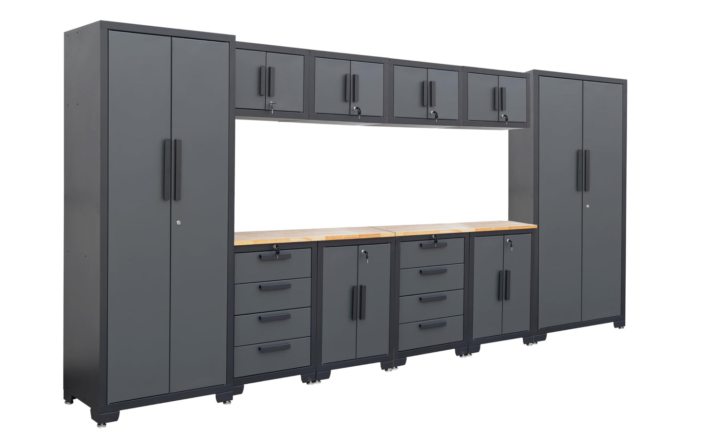 TCE Heavy Duty 12 Piece Garage Storage System: Metal Organization Workbench and 4-Drawers Rolling Cabinet, Black/Grey