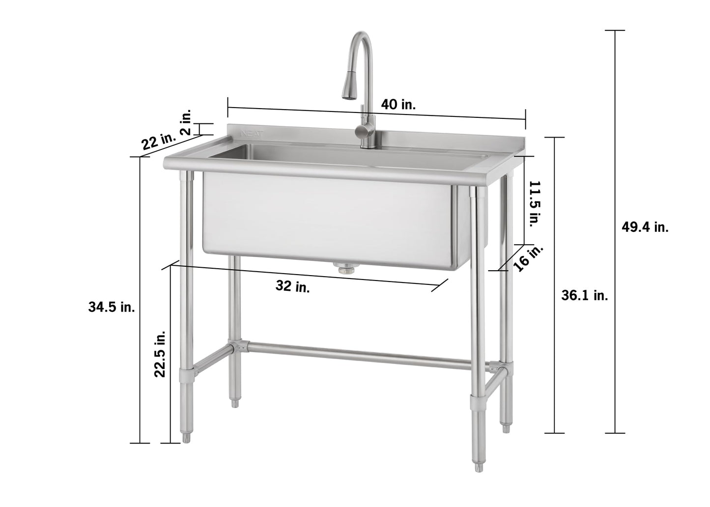 NEAT by TRINITY EcoStorage Stainless Steel Utility Sink, Oversized Freestanding Single Bowl Utility Sink, Pull-Out Faucet, Garage, Laundry Room, Business, NSF Certified, 40"W x 22"D x 50"H (NHA-0319)