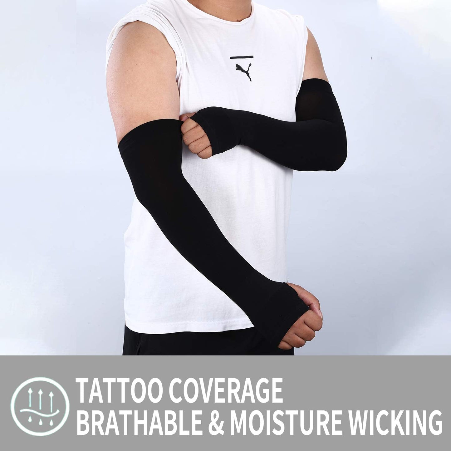 TEVEUNI 2Pairs Arm Sleeves for Women Men with Hand Cover Compression Arm Sleeve Tattoo Cover Up Sleeves to Cover Arms Women's Warm & Cooling Arm Warmers
