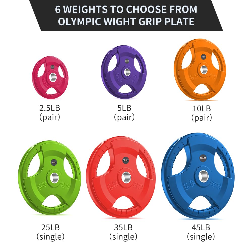 SPART Color Weight Plate 2-Inch Rubber Coated Olympic Grip Plate for Barbell,Solid Cast Iron Weight Plates in Pairs or Single for Strength Training,Weightlifting,Crossfit,Home Gym, 65LB Combo