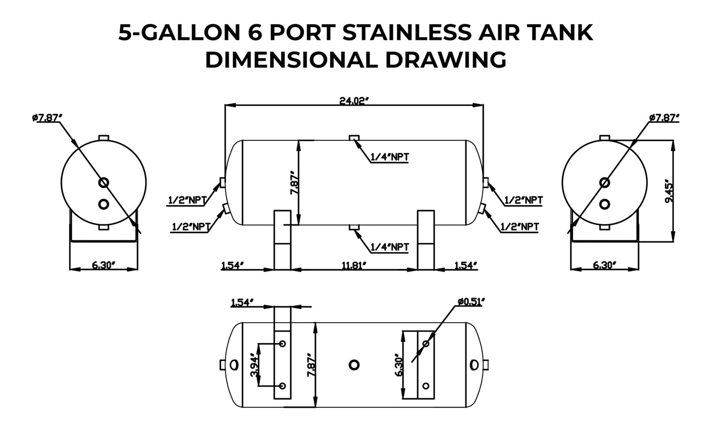HornBlasters Stainless Steel 5-Gallon (19 Liters) 6 Port Air Tank - (Four 1/2" Ports & Two 1/4" Ports)