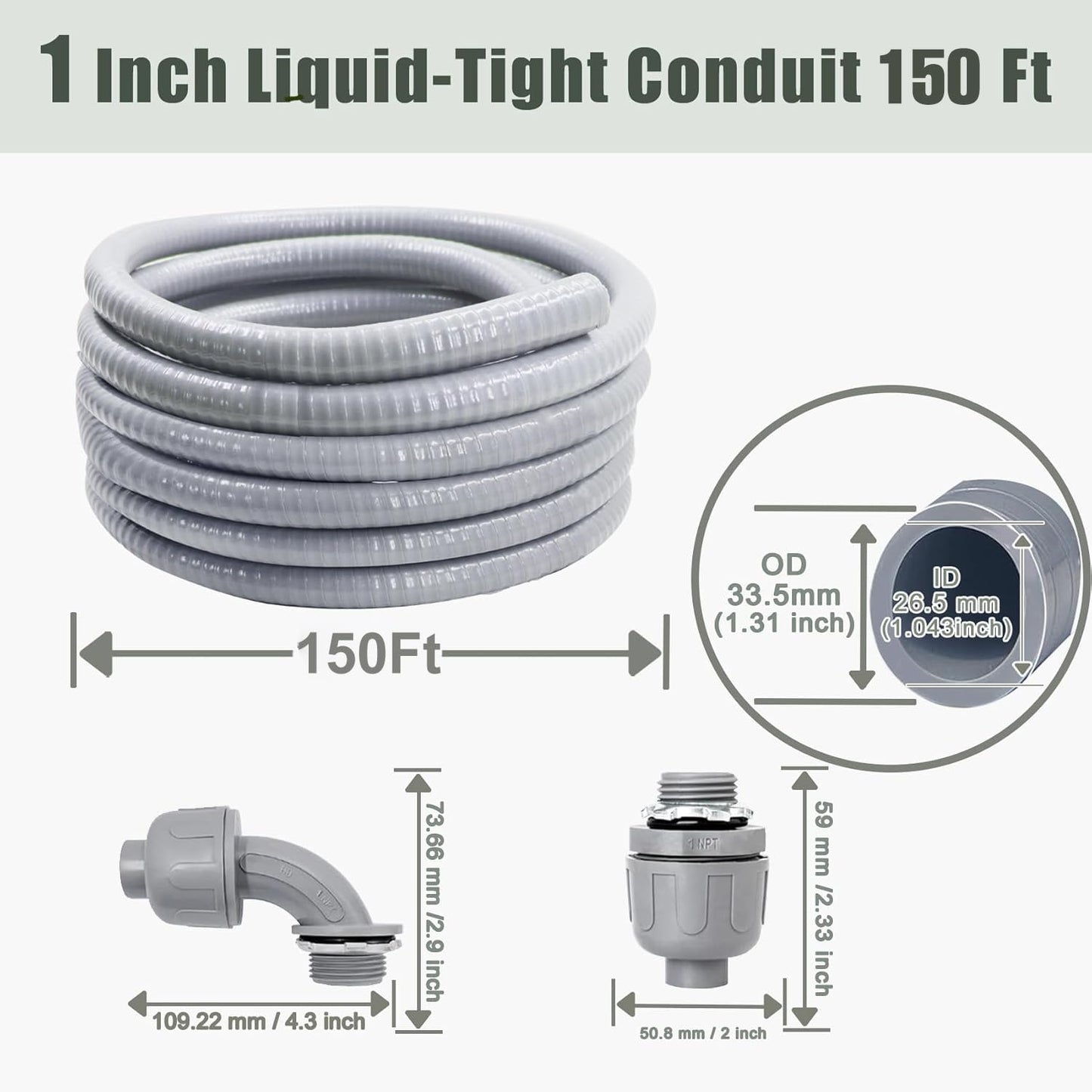 Feotech 1 Inch 150 FT Non Metallic Liquid-Tight Conduit and Connector Kit - Includes 5 Straight and 4 Angle Fittings for Electrical Wiring