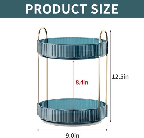 INVSSENE 360° Rotating Makeup Organizer - Large Capacity Vanity Shelf for Cosmetics & Skincare | Blue, 2 Tiers