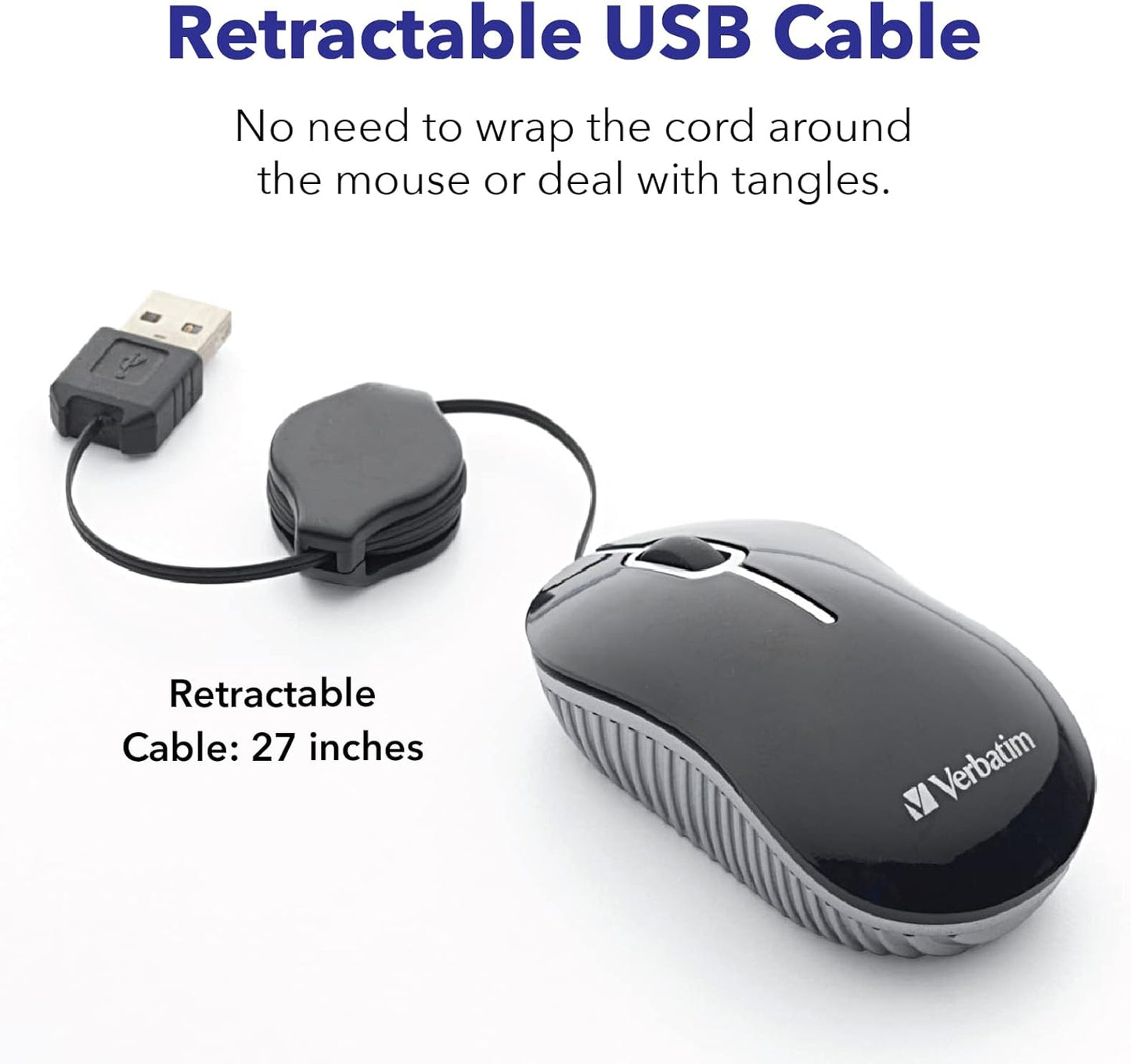 Verbatim 98616 Wired Optical Computer Mini USB-A Mouse - Plug & Play Corded Small Travel Mouse with Retractable Cable