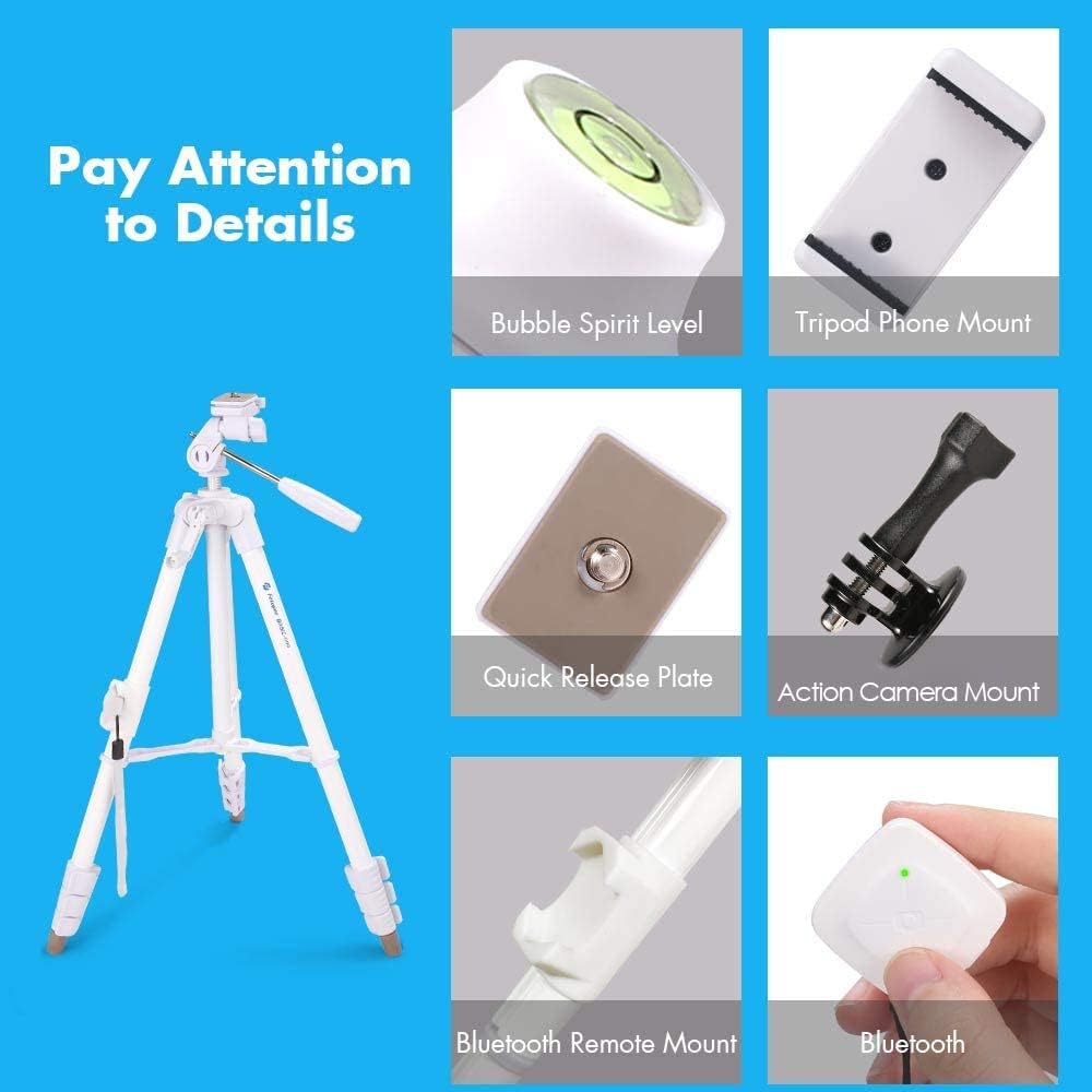 Fotopro 59'' 3-Way Camera Tripod, Portable Tripod for iPhone with Bluetooth Remote, Aluminum Video Camera Tripod