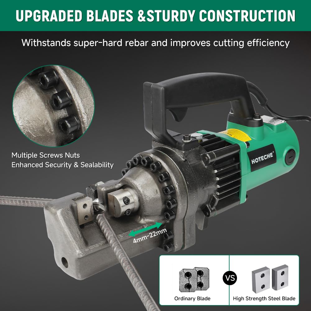 Hoteche 7/8-Inch Electric Hydraulic Rebar Cutter – 1350W Portable Steel Bar Cutting Machine, 20-Ton Pressure, 3.5s Fast Cut, 120V Corded Electric Rebar Cutting Tool for 4-22mm Steel Rods