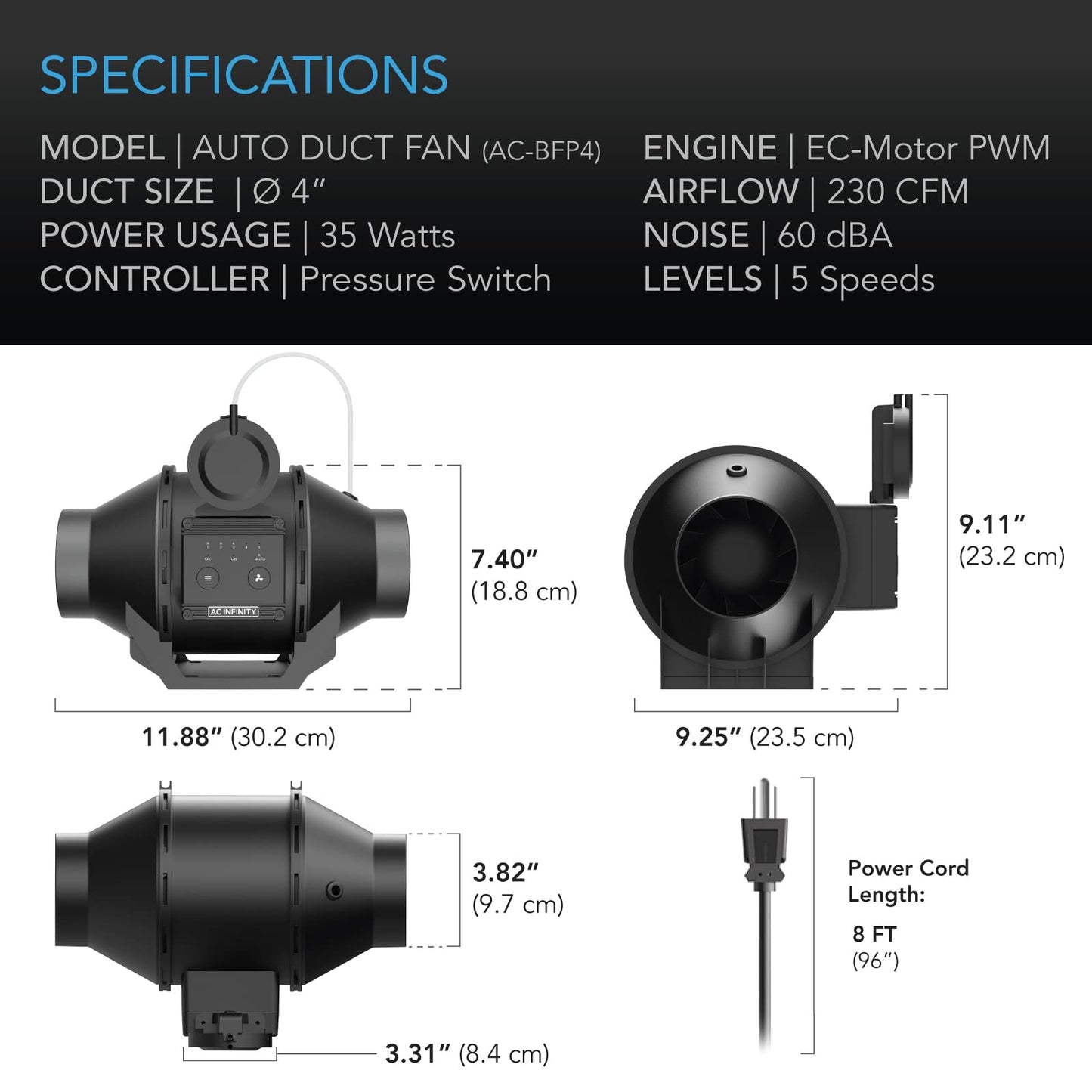 AC Infinity Automatic Duct Fan 4", Inline Fan with Differential Pressure Switch, Air Vent Booster Fan for Industrial HVAC Ducting Ventilation Exhaust Systems