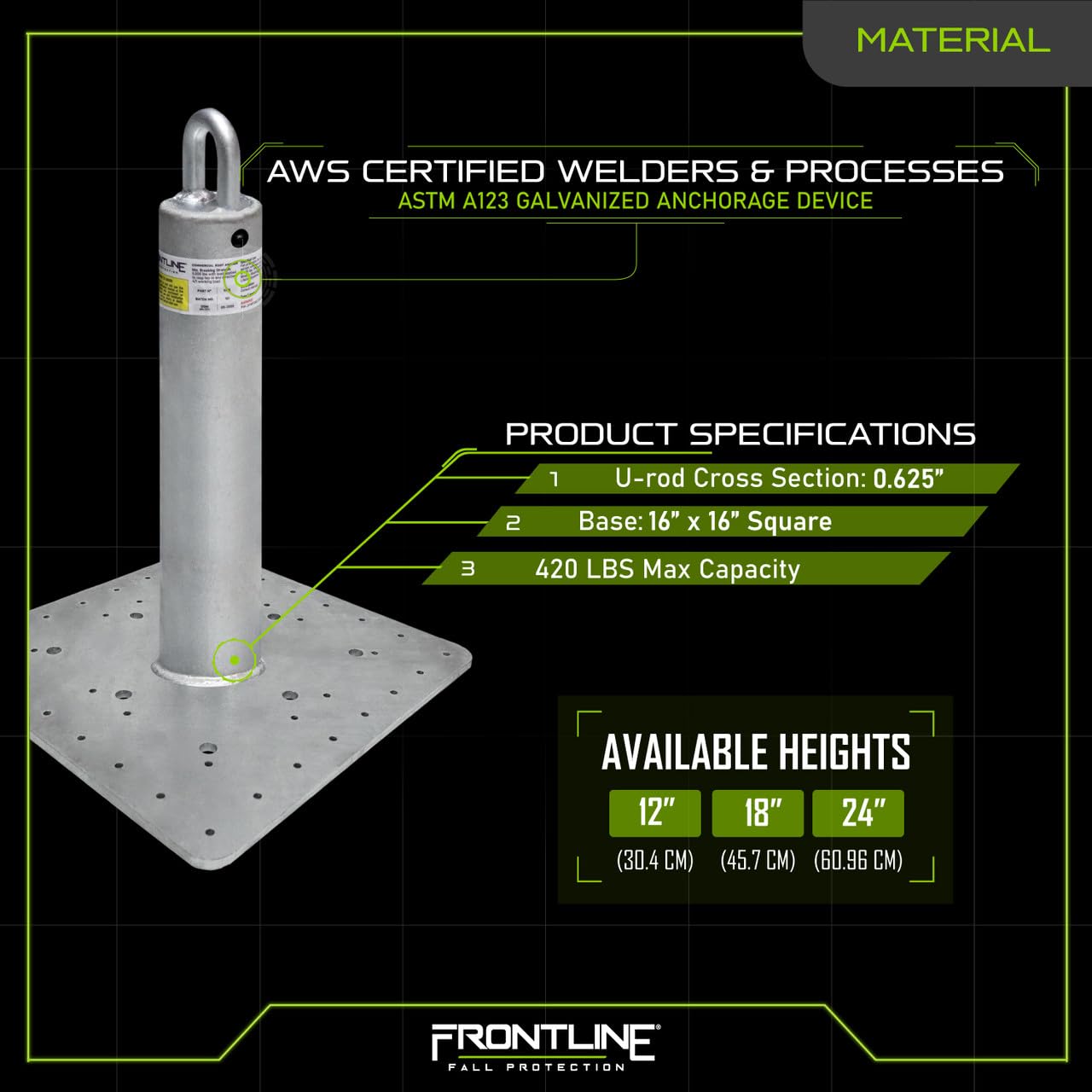 Frontline Fall Protection RO18 Commercial Roof Anchor 18"| OSHA & ANSI Compliant Galvanized Steel Roofing Anchor Point | Metal, Wood or Concrete Application