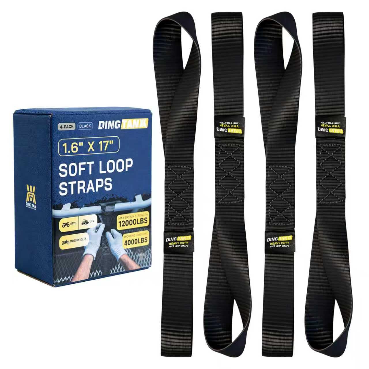 Soft Loop Tie Down Straps - 1.6'' x 17'' (4 Pack), 10000 Lbs Breaking Strength, Heavy Duty with Soft Loop Ends for Securing ATV, UTV, Motorcycles, Scooters, Dirt Bikes, Lawn Garden Equipment