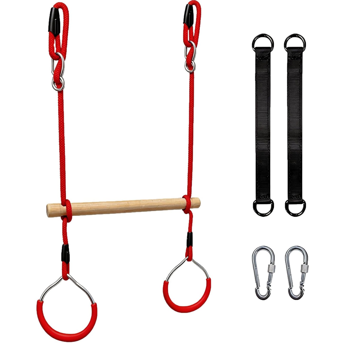 Nets Tribe Trapeze Swing Bar with Gymnastic Rings Warrior Accessories for Obstacle Course Monkey Bars for Indoor Outdoor Garden, Backyard, Playground, Playroom, Red, Wood