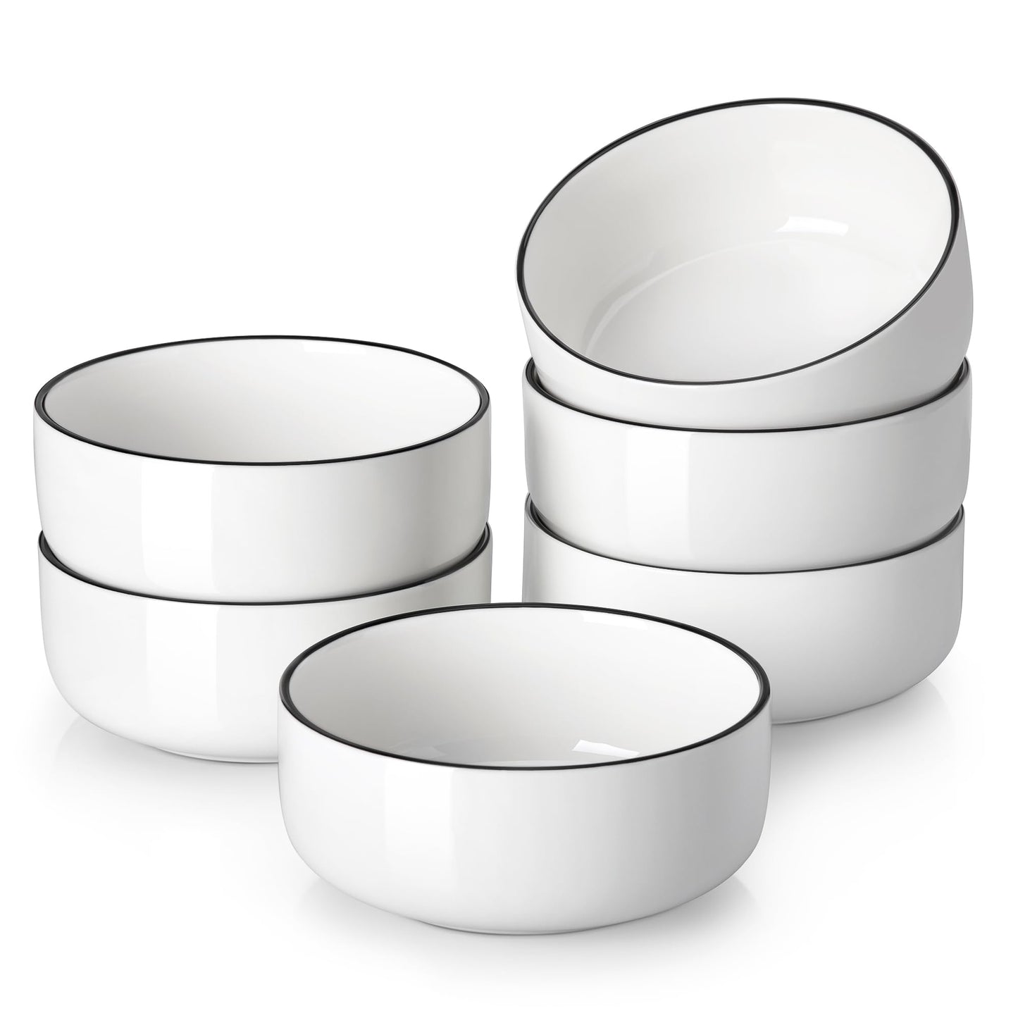 MALACASA 24 OZ Cereal Bowls, Porcelain Soup Oatmeal Bowls Set of 6, White Kitchen Ceramic Serving Bowl wtih Black Rim, Dishwasher Microwave Oven Safe, White, Series LUNA
