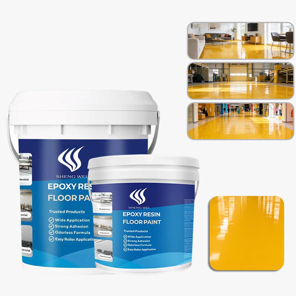 SHENGWEI Floor Paint, Epoxy Resin Floor Coating Kit - 3 Gallon, 100% Solids Self Leveling with Medium yellow High Gloss Finish, Industrial Grade for Garage, Basement, Countertops - Covers 360 Sq Ft, Fast Curing