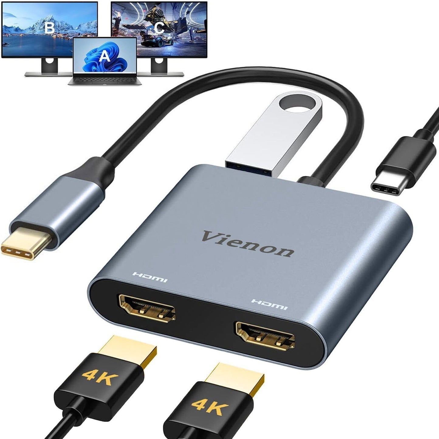 vienon 4K@60HZ, 3.0, 100W 3/4 USB C to Dual HDMI Adapter USB C Hub HDMI Adapter for Dual Monitors with USB-A PD