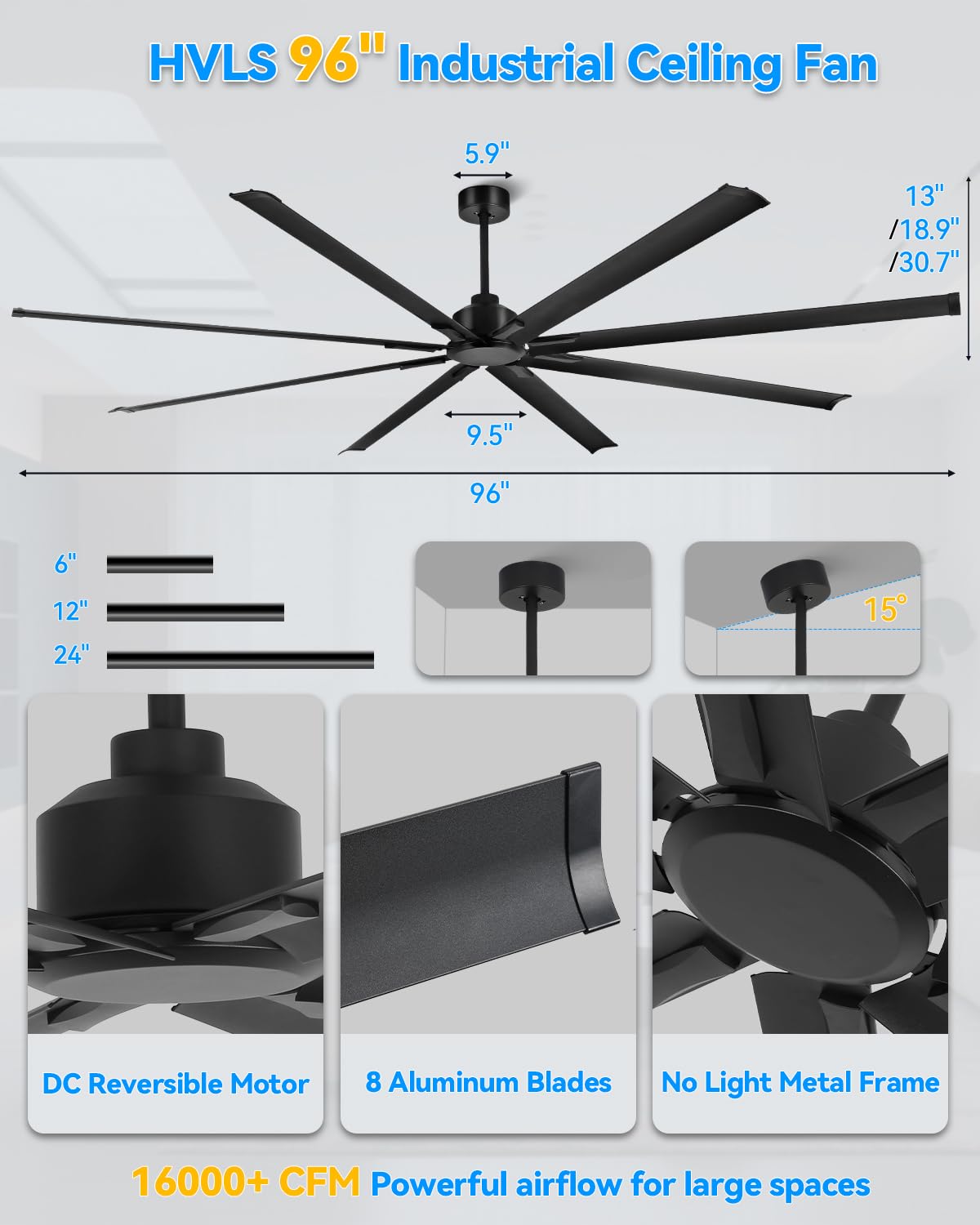 [HVLS]96 Inch Industrial Ceiling Fan, Extra Large Commercial Big Assed Ceiling Fan, 8 Aluminum Blades, Reversible DC Motor, Remote Control with 6 Speeds, 3 Downrods, for Shop, Garage, Gym, Black