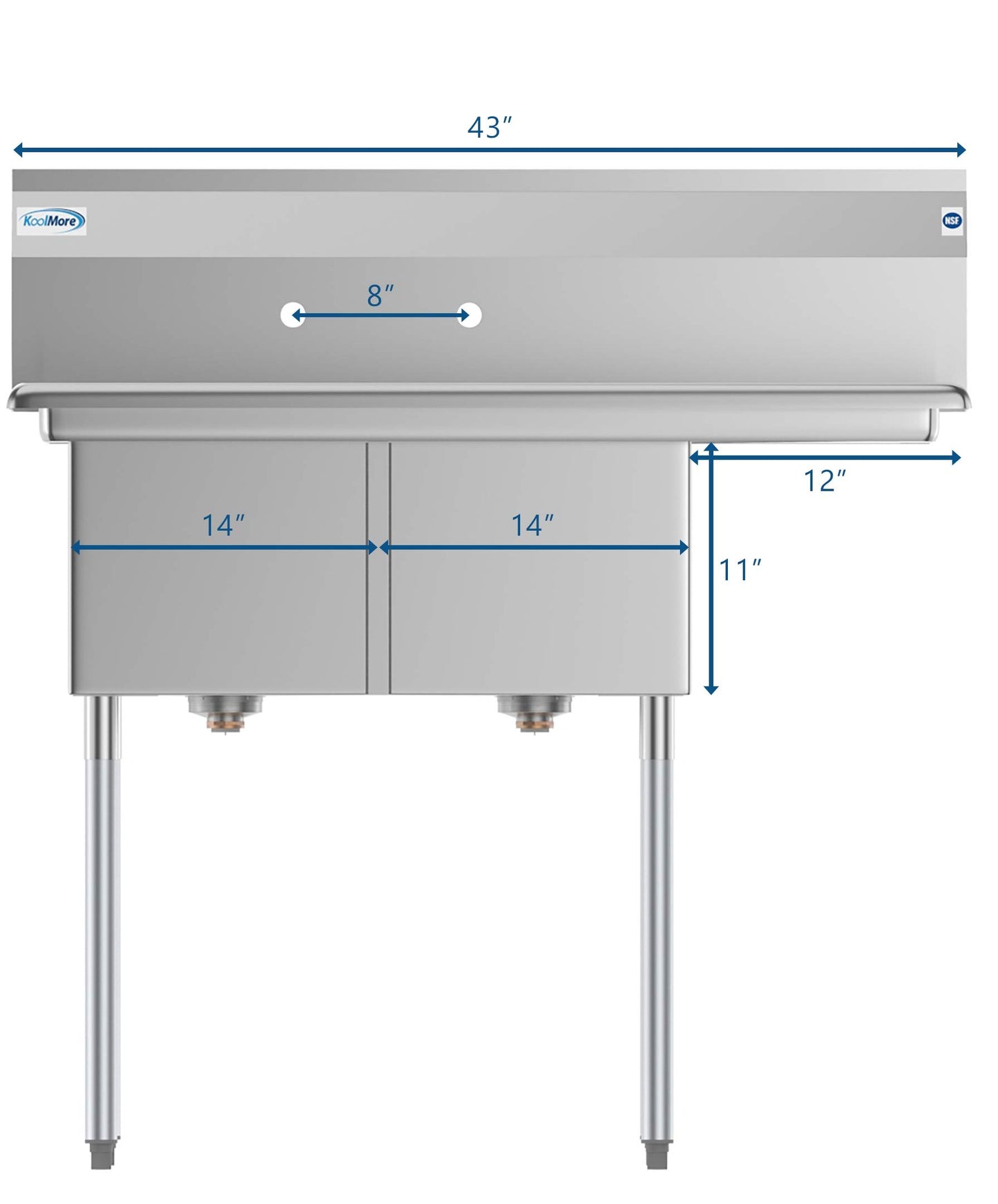 KoolMore 2 Compartment Stainless Steel NSF Commercial Kitchen Prep & Utility Sink with Drainboard - Bowl Size 14" x 16" x 11", Silver
