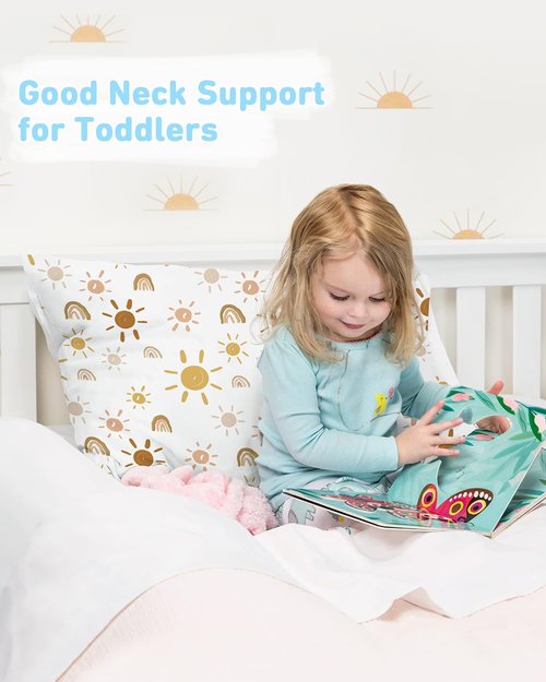 Babebay Toddler Pillow 2-Pack - 13x18 Cotton Pillows for Sleeping | Machine Washable, Travel-Friendly (Sunny Rainbow)
