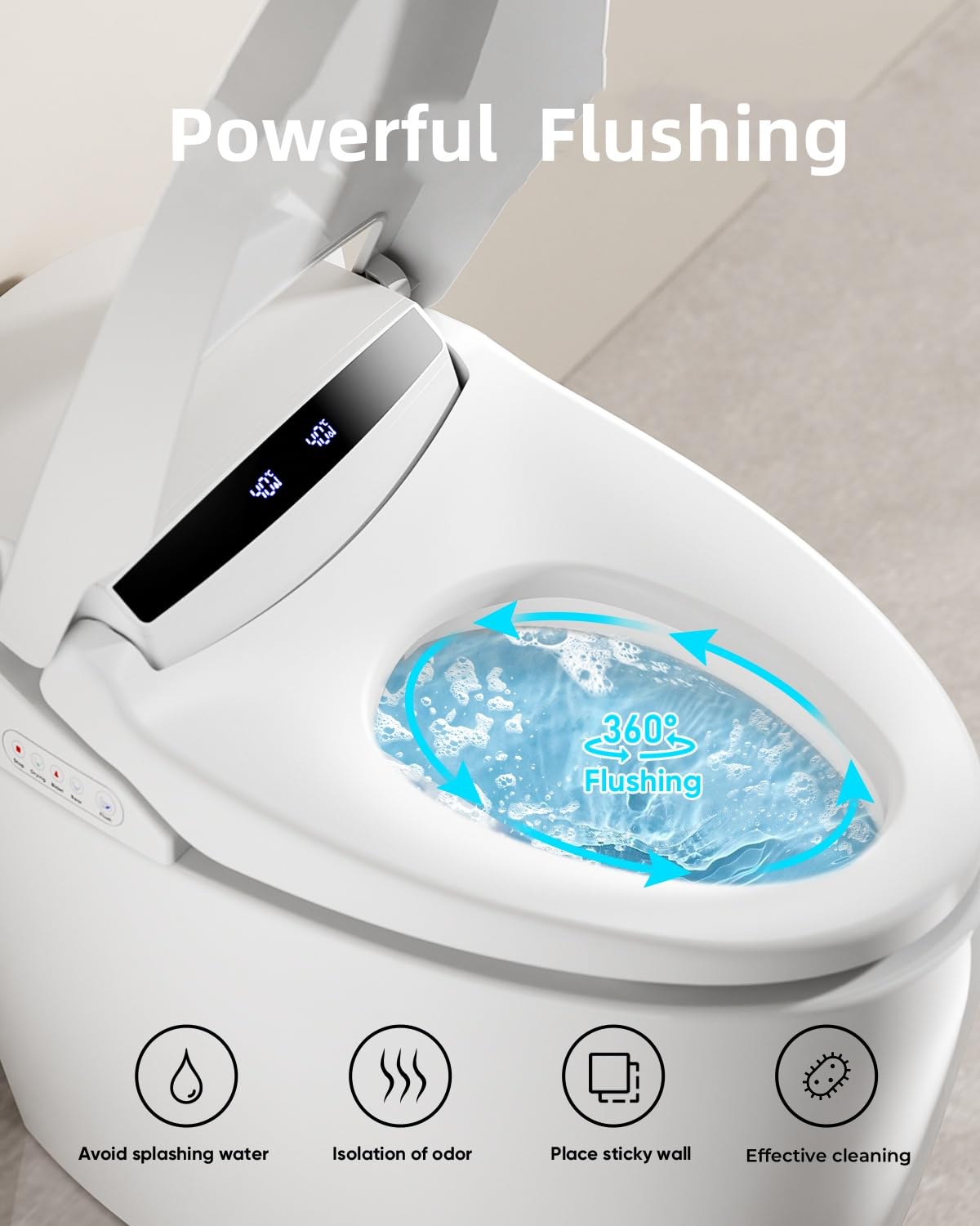 TDH Smart Toilet, Tankless Toilets with Foot Sensor Operation, Heated ToiletSeat with Warm Water Sprayer and Dryer, LED Display with Fahrenheit, Round Toilet Seat