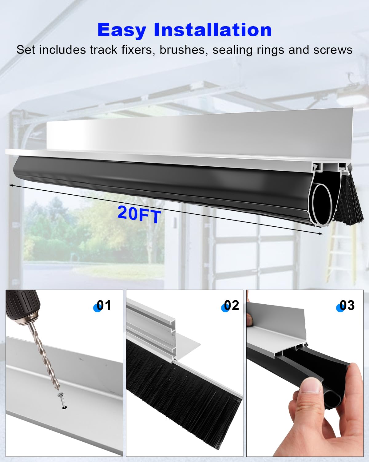 20FT Universal Garage Door Seal Kit, U and O Heavy Duty Garage Weather Strip Bottoms Seal, Rubber Weather Stripping Seals with Brush and Aluminum Track Retainer Kit Blocks Noise Drafts Weatherproof