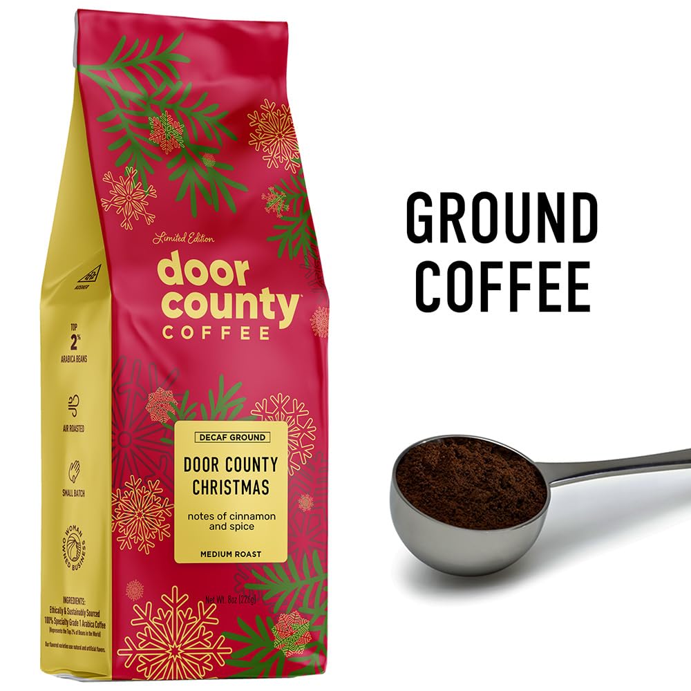 Door County Coffee Door County Christmas DECAF Flavored Coffee Ground - 8 oz Bag - Holiday Seasonal - Medium Roast - 100% Specialty Arabica - Cinnamon & Spice Flavor