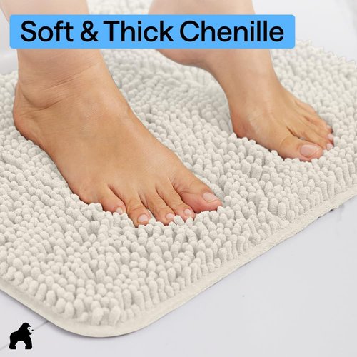 GORILLA GRIP Bath Rug Mat - Thick Soft Chenille | Quick Dry Microfiber, 48x17, Ivory, Washable