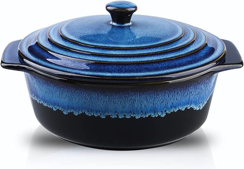 KOOV Ceramic Casserole Dish - 2 Quart Round Baking Dish with Lid, Oven Safe, Reactive Glaze