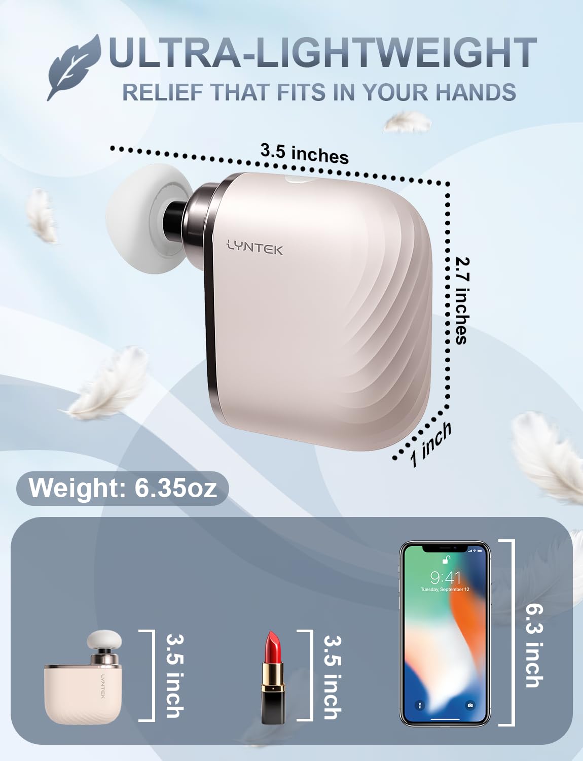 LYNTEK Mini Massage Gun - Small Handheld Muscle Massager with Percussion Deep Tissue, 5 Adjustable Vibration Frequency & 3 Interchangeable Heads - Portable Pocket Massage Gun for Gym, Travel, Office