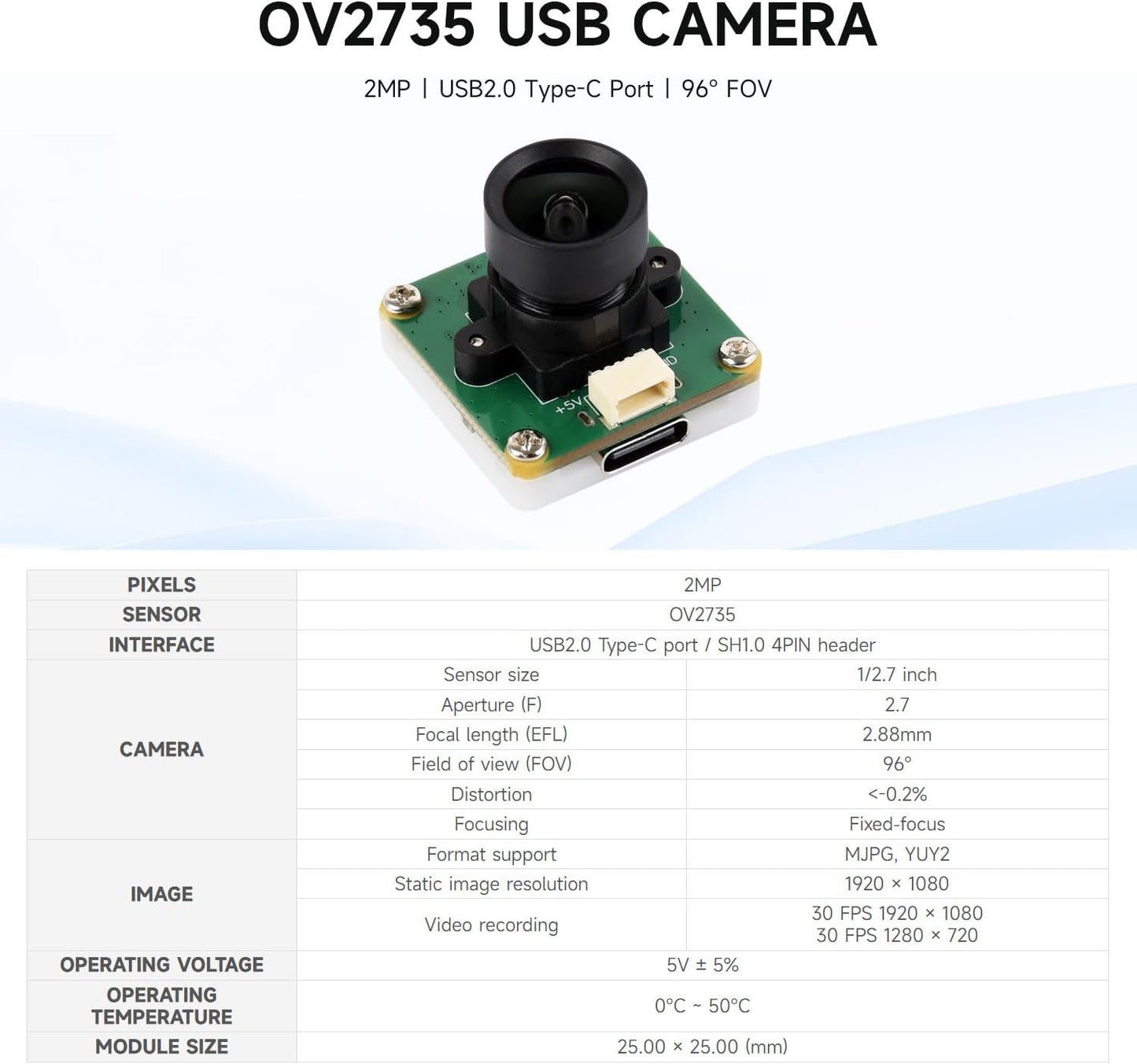 waveshare OV2735 2MP USB2.0 SH1.0 4PIN USB Camera (A), Supports Type-C Port and Header